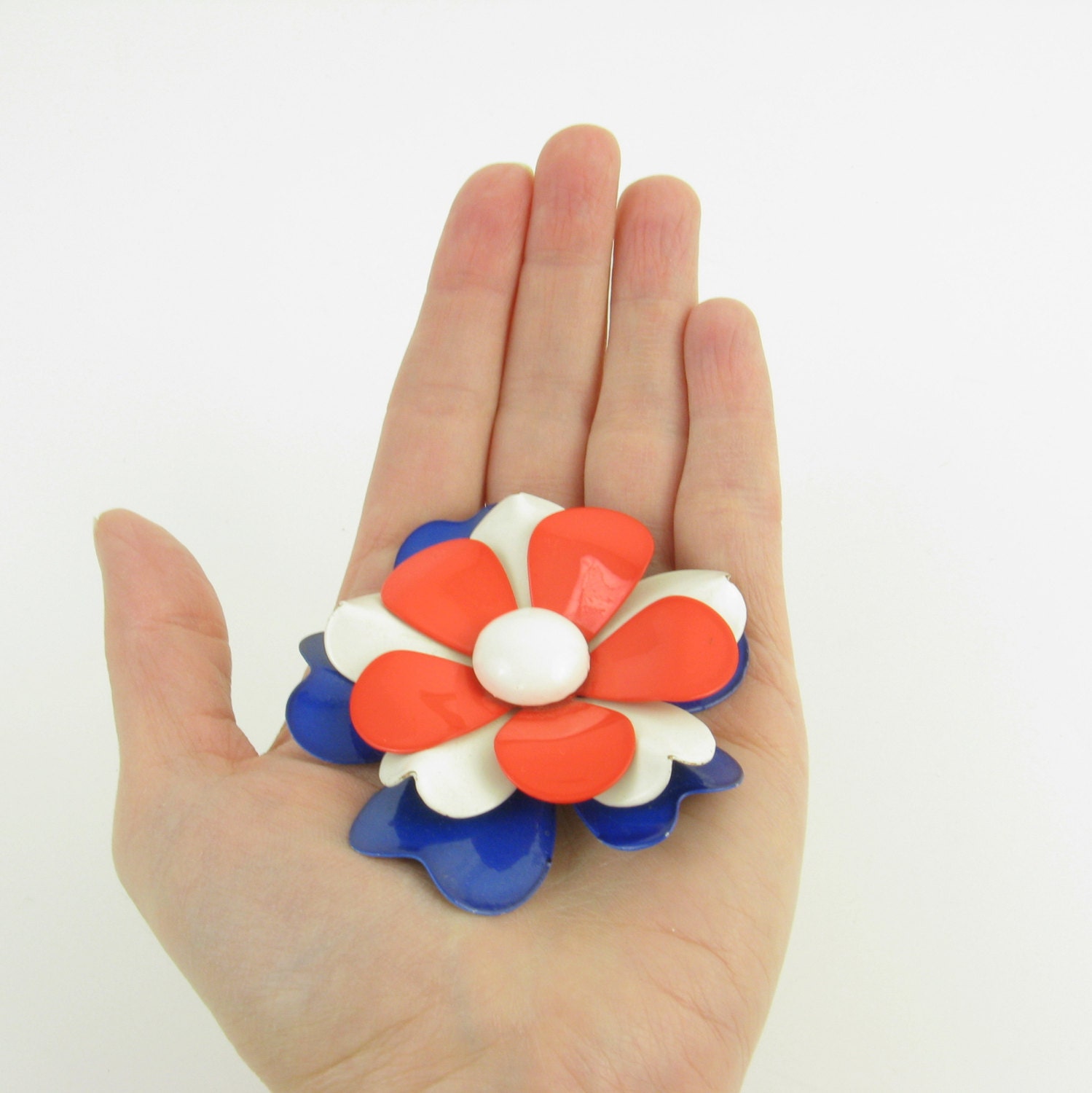 Vintage 1960s Mod Enamel Flower Brooch in Navy Orange & White