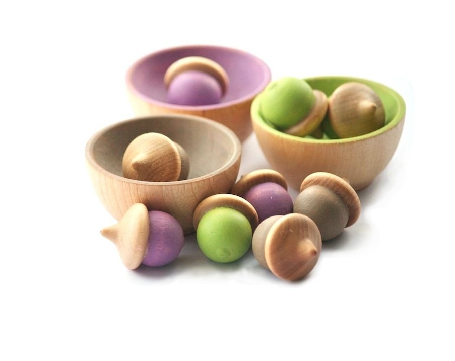 Sorting Bowls and Acorns Toy - Waldorf Montessori Color Matching - Natural - Organic - African Violet - Tender Shoots - CakeInTheMorn