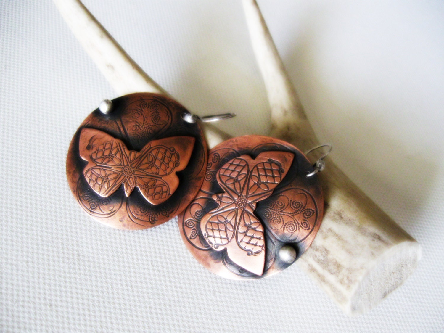 Butterfly Copper Earrings Rustic Animal Dangles Recycled Sterling Silver Filigree Statement Stamp Patterned Big Disk Metalsmith Metalwork