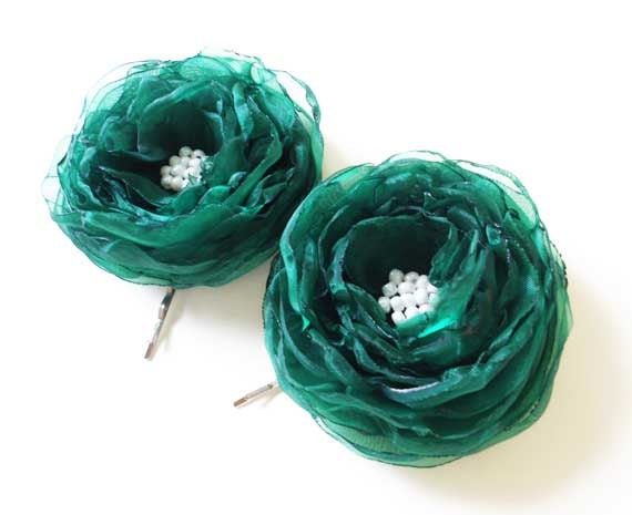 Fabric Flower Bobby Pins, Emerald Green Flowers Hair Pins, Bridesmaids Hair Accessories, Girls Hair Clips, Ranunculus Flower, Women, Gift