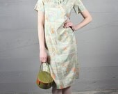 Garden Storybook 60s vintage color-block Silk Asian Print Dress "CRESTA COUTURE" Pastel green blue orange and yellow // Ladies Shift Frock - HarlowGirls