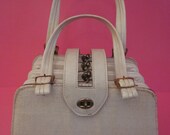 Retro Ladies Purse by Verdi with Basket-Weave-Type Fabric White/Off-White Leather with Brass Kisslock Closures Made in USA