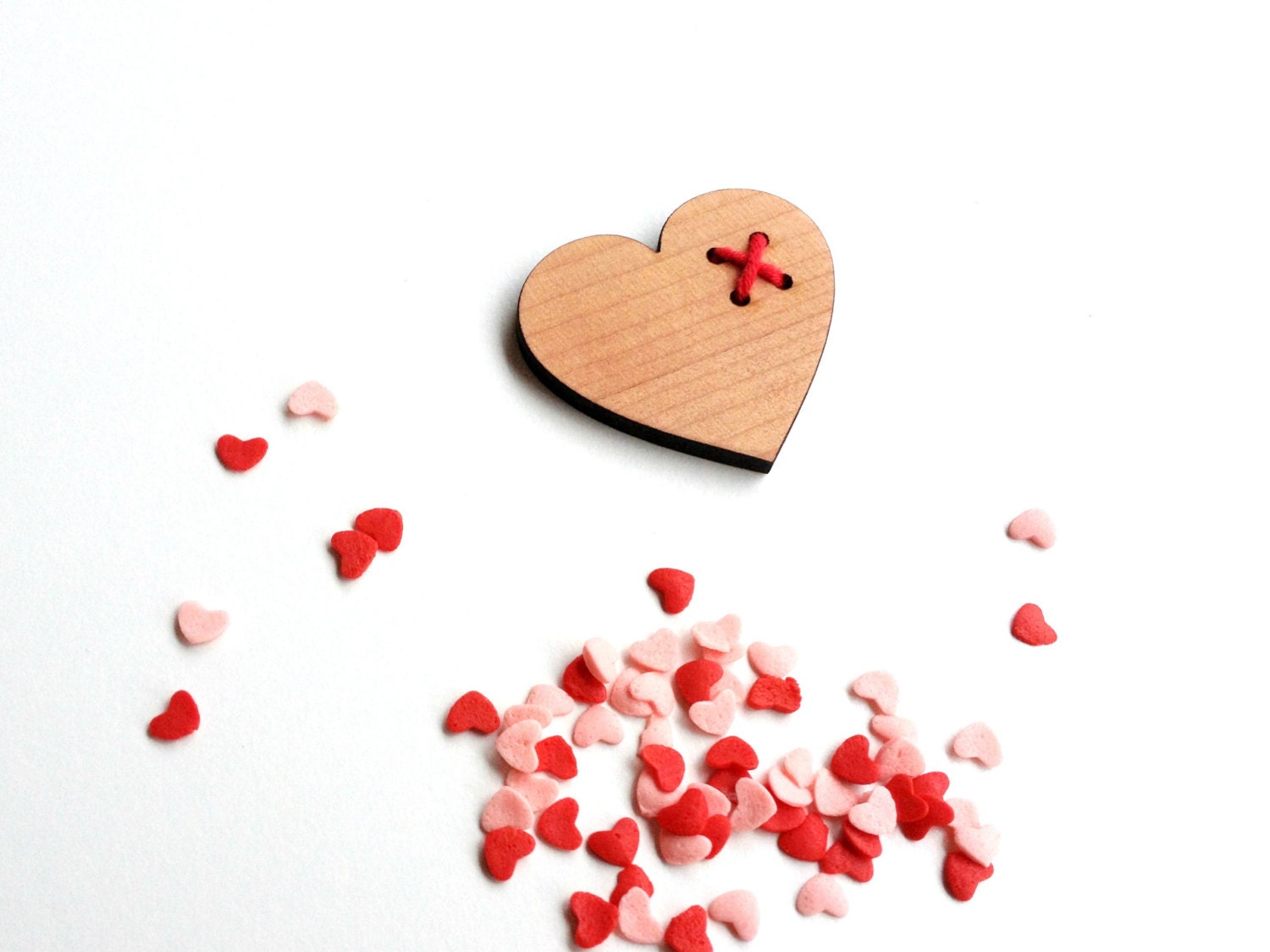 Mothers Day Valentine Cross My Heart Love Brooch - Tasmanian Myrtle and Red Yarn Stitching Embroidery