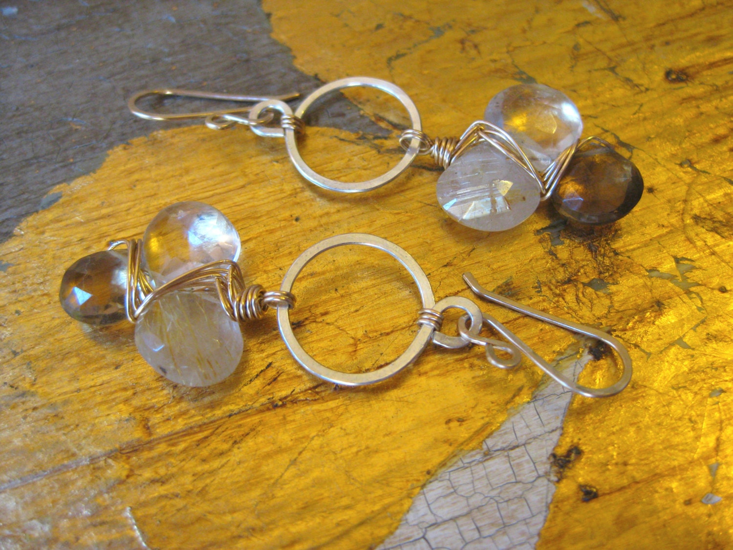 Quartz Earrings, Mixed Metal Earrings, Silver Hoop Earrings, Gold Topaz Earrings, Green Amethyst Earrings, Artisan Handmade Jewelry