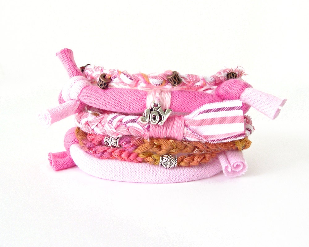 Pink Fabric Stacking Bangle Bracelets Eco Friendly Fiber Cuff Mothers Day Joy Beaded Boho Bangles Upcycled Hippie Jewelry