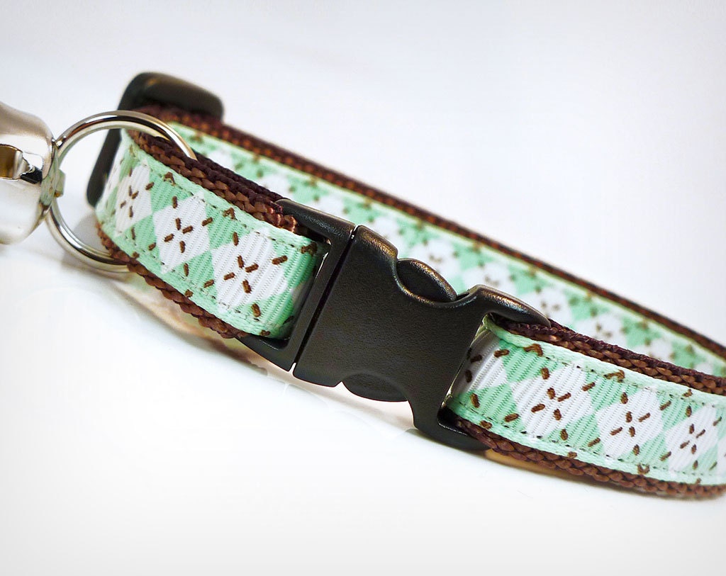 Cat Collar - "Peppermint Patty" - Mint Argyle Print on Dark Brown