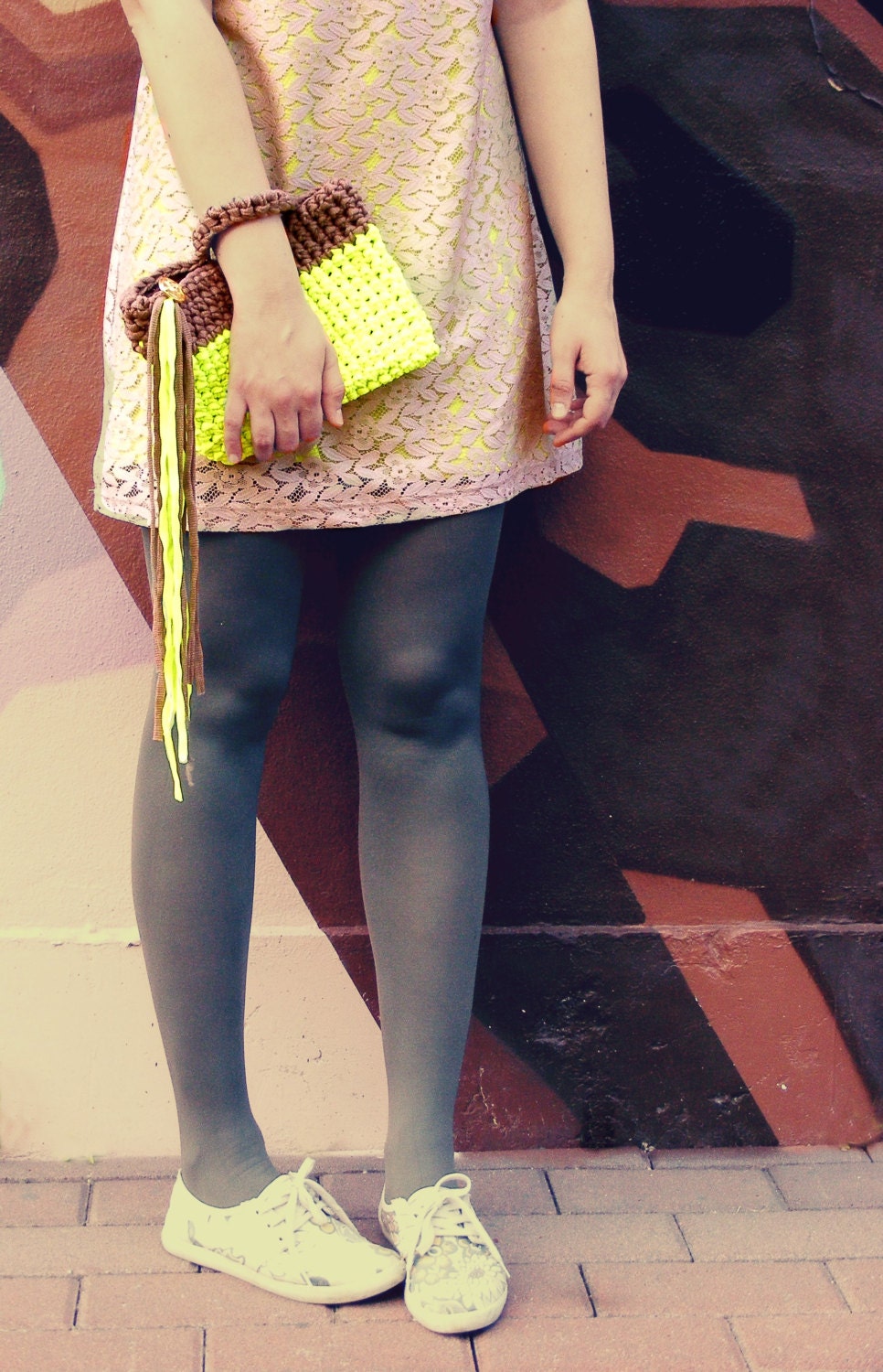Neon Yellow Crochet Clutch Purse Fringes Geometric Pochette Bag