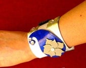 White leather cuff, Blue paisley Bracelet flower Jewelry Crystals wristband Rhinestones wrap adjustable wide Recycle Handmade women OOAK