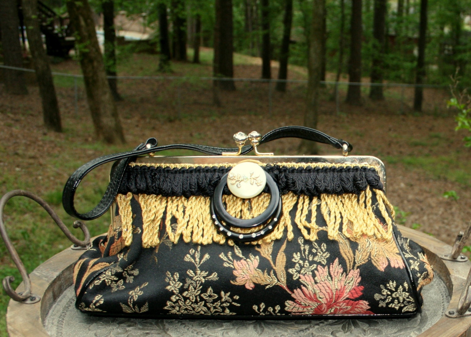 Tapestry Purse Black Floral Upcycled Unique Altered Repurposed Rhinestone Embellished Fashion Handbag Downton Abbey Anthropologie Inspired