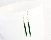 Handmade Drop Dangle Earrings, Vintage Art Glass, 14K Gold Filled, 1980s Bugle Beads, Emerald Green Twist, Art Deco Bridesmaid Jewelry