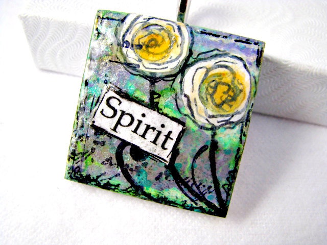 Inspirational Flower Mixed Media Collage Art Tile Pendant Necklace Bead Supply Jewelry Component - Purple Green - Spirit