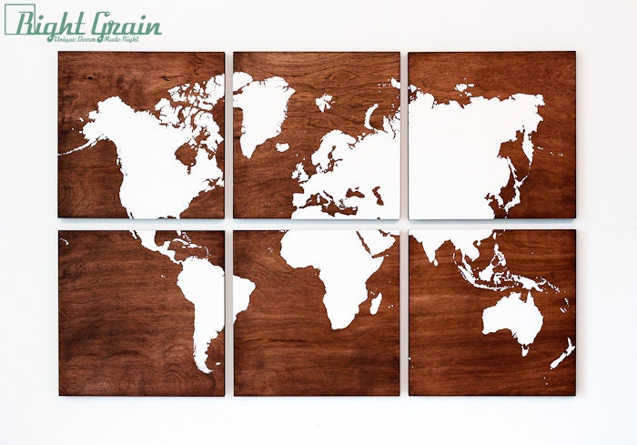 World Map Painting on Dark Stained Woodgrain - Large Customizable Wall Art
