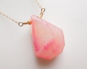 Pink Druzy Necklace, Wire Wrapped Jewelry, Drusy Raw Rock