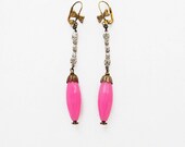 Hot Pink Drop Earrings -  rhinestones and brass