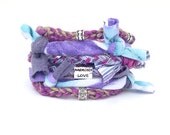 Purple Multicolor Fabric Bracelet  Eco Friendly Fiber Cuff Mothers Day Stackable Bracelets  Beaded Boho Bangle Upcycled Hippie Jewelry