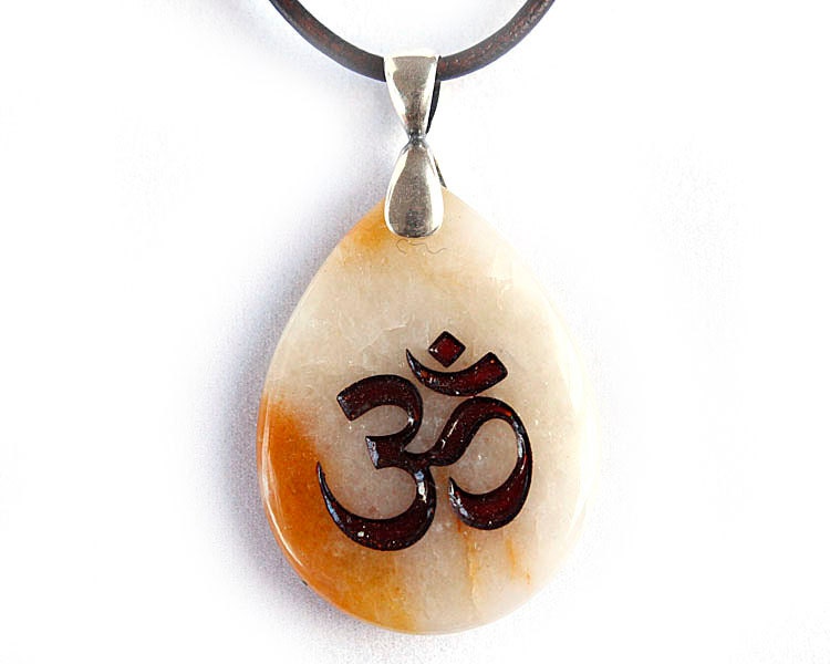 Universal OM AUM Symbol Necklace - Engraved Stone Pendant - Yellow Jasper
