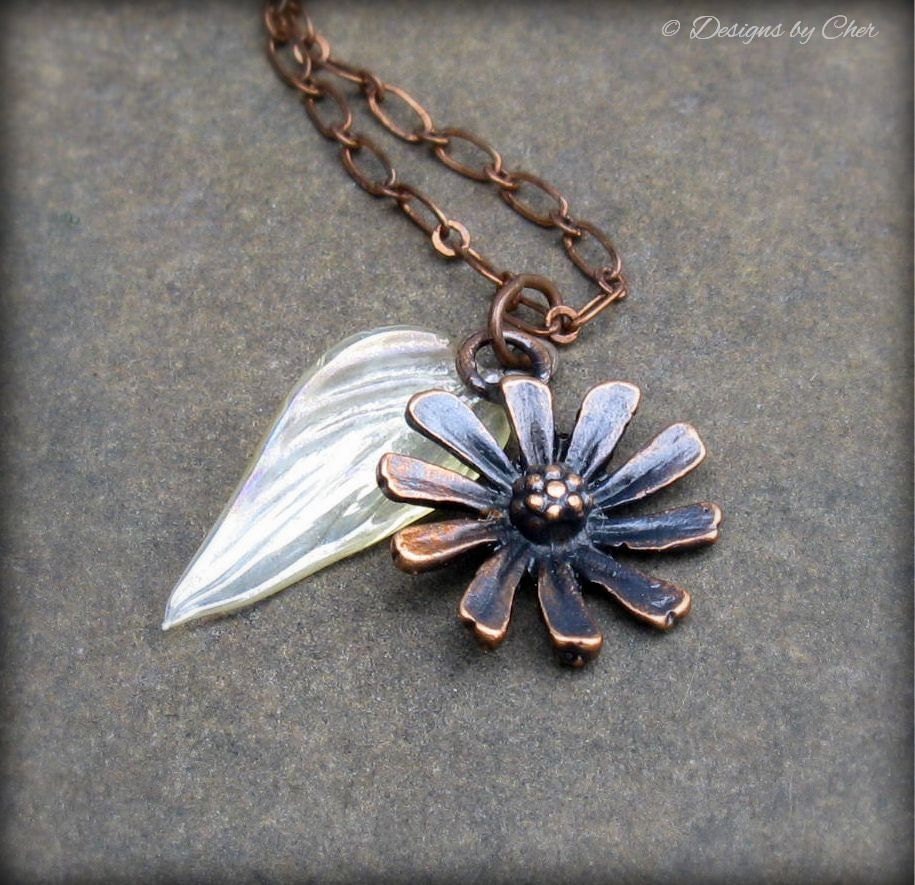 Antique Copper Daisy & Leaf Necklace, Champagne Luster Glass Leaf, Handmade Clasp... Delicate Woodland Jewelry - DesignsbyCher