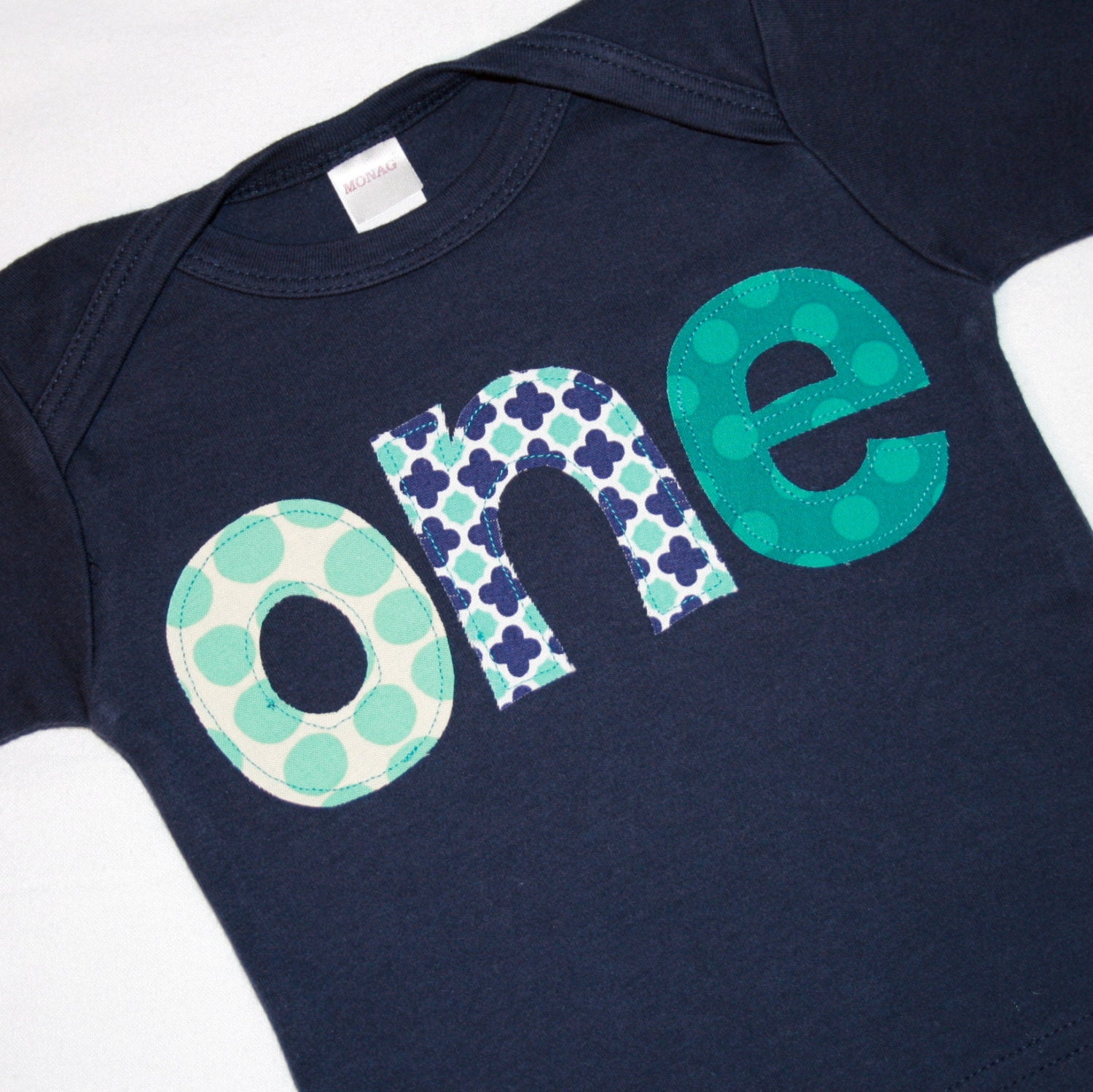 Boys ONE Shirt for First Birthday - 12-18 month long sleeved navy blue tshirt with aqua and white lettering - READY to Ship - ThePolkaDotTotSpot