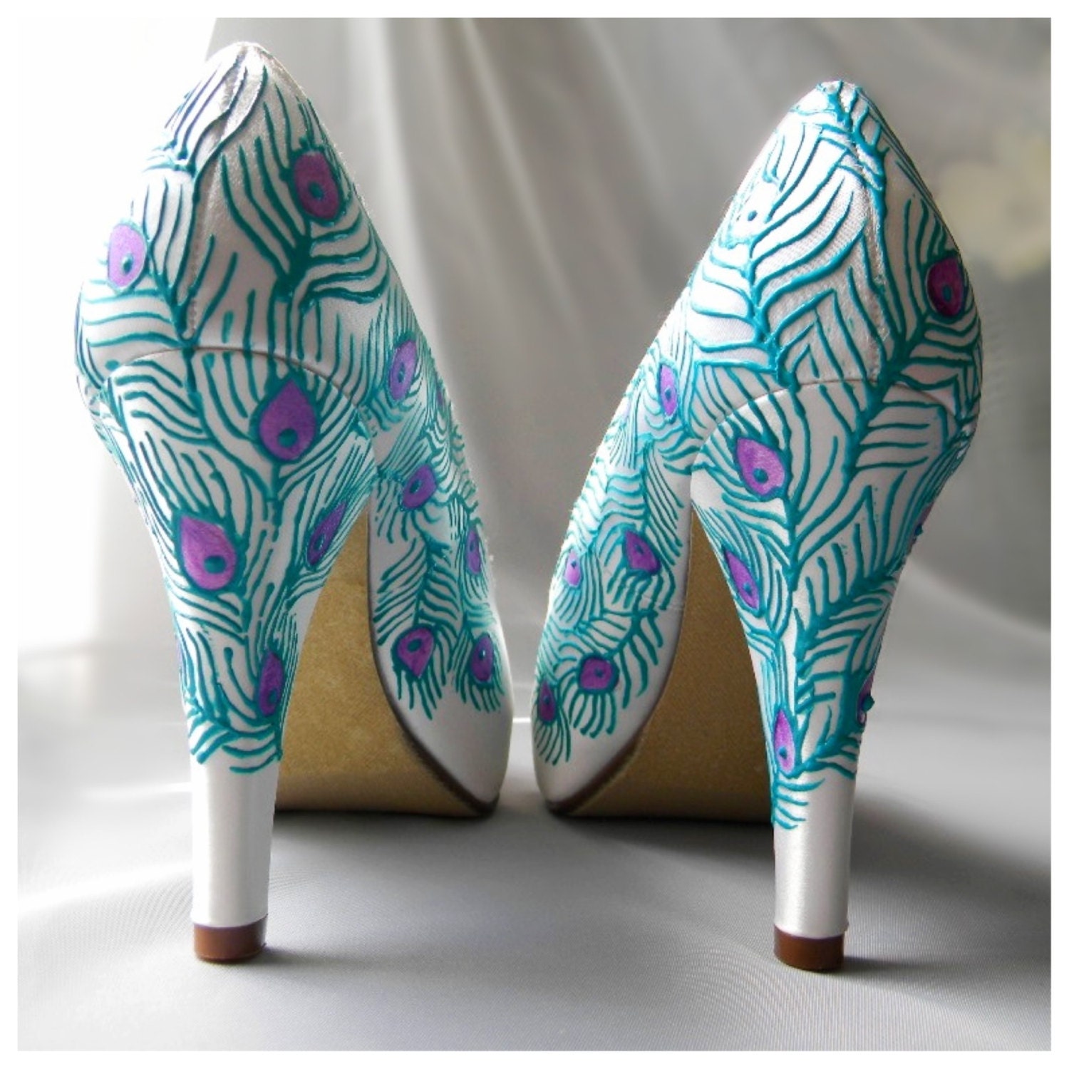 Wedding shoes peacock feather turquoise purple ivory by norakaren