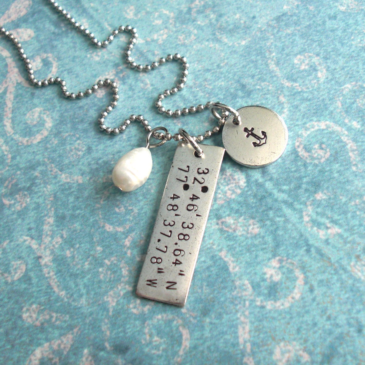 Gps Coordinates Necklace With Big Anchor Or By Tipsywhimsey