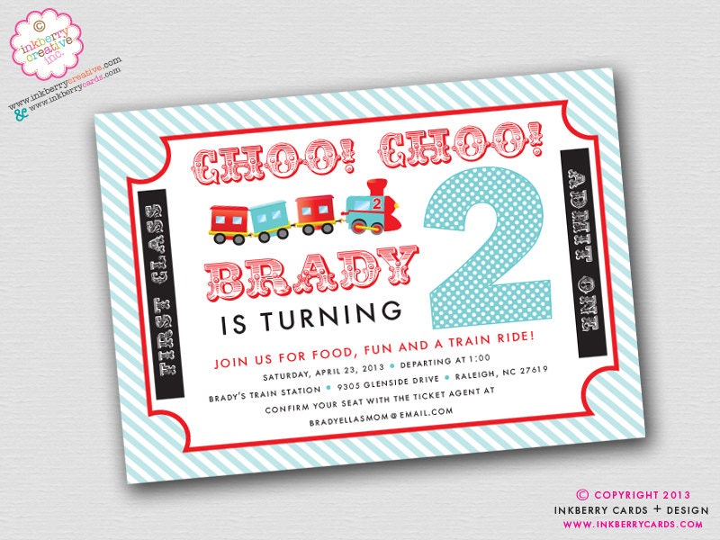 Choo Choo Train Ticket (Aqua and Red) Birthday Party Invitation (Digital File OR Cardstock Printed Cards Also Available) Il_570xn