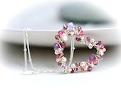Pearls and Crystal Wrapped Petite Heart Sterling Silver Necklace in Dusty Pink Wire Wrapped in Shiny Silver - Mayahelena