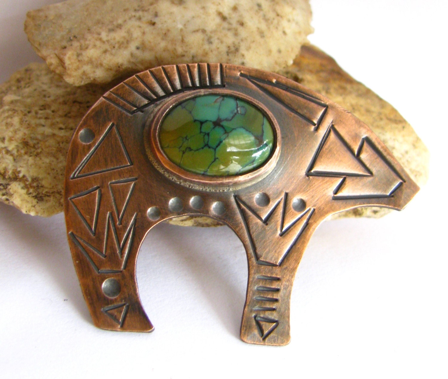 Turquoise And Copper Bear Brooch - Native American Zuni Inspired Modern Tribal Metalsmith Copper and Turquoise Jewelry Shawl Cloak Coat Pin