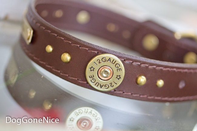 ... Guage Shotgun Shell Concho Dog Collar, Personalized Leather Dog Collar