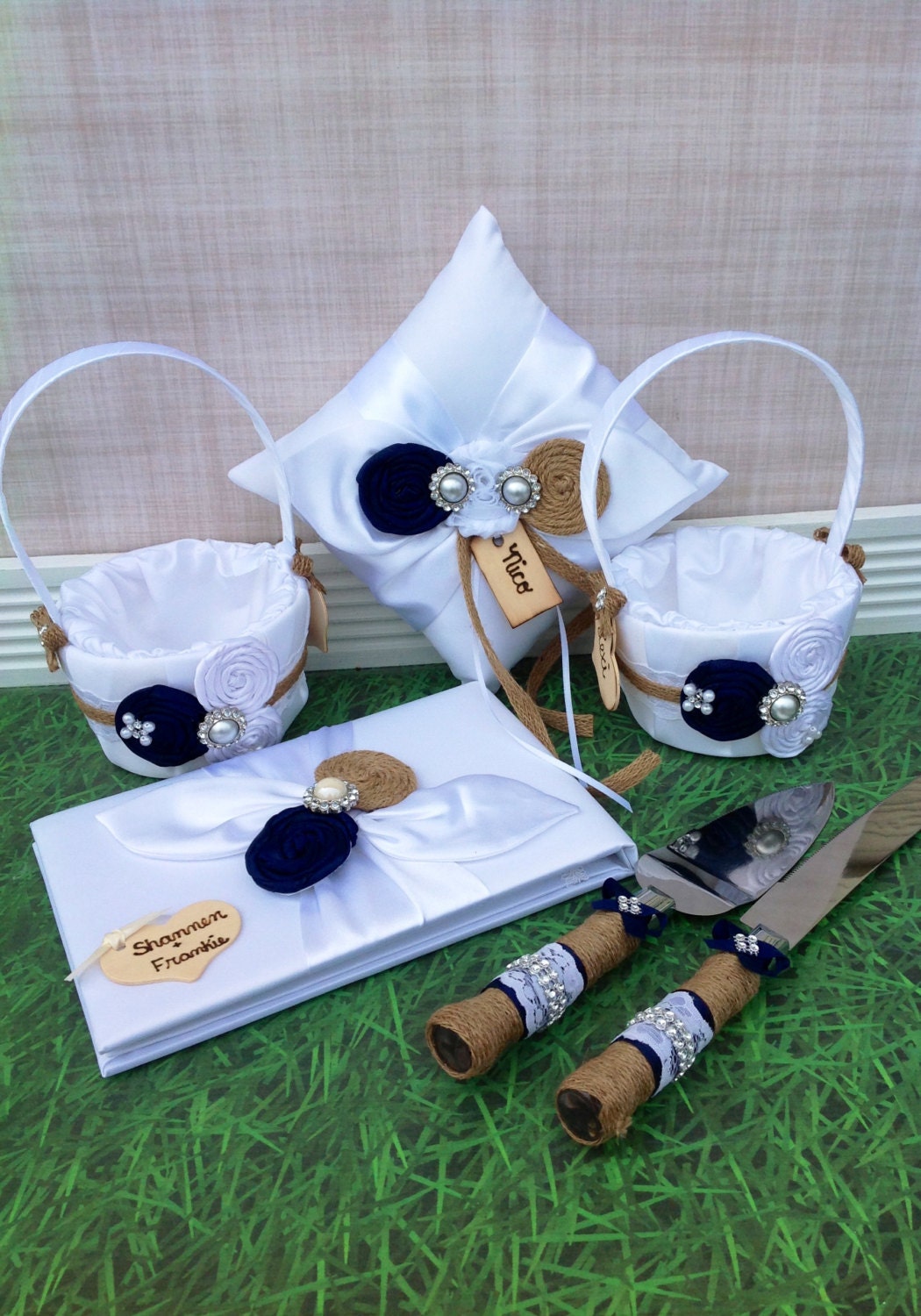 YOU DESIGN / 2 flower girl baskets , ring bearer pillow , guest book , cake knife set / burlap and navy 