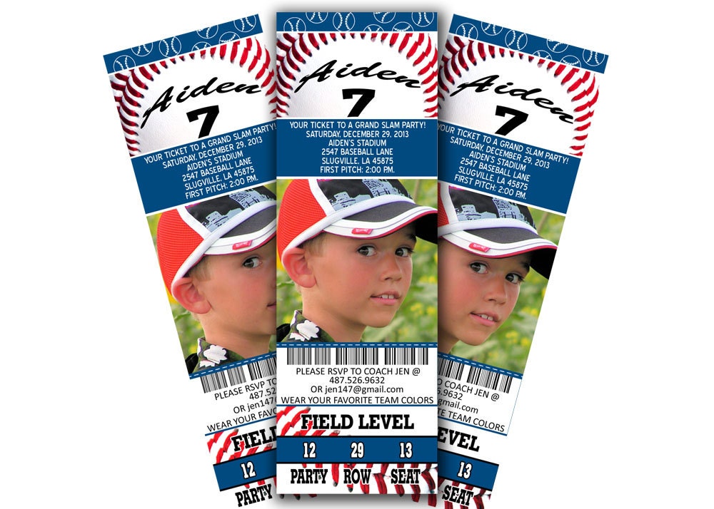 Baseball party personalized photo ticket invitation.