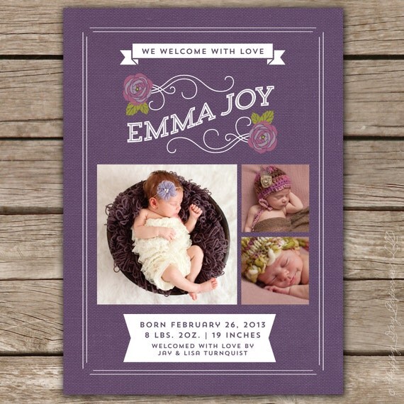 Vintage Rose - Custom Photo Baby Birth Announcement Card Printable Digital Il_570xn