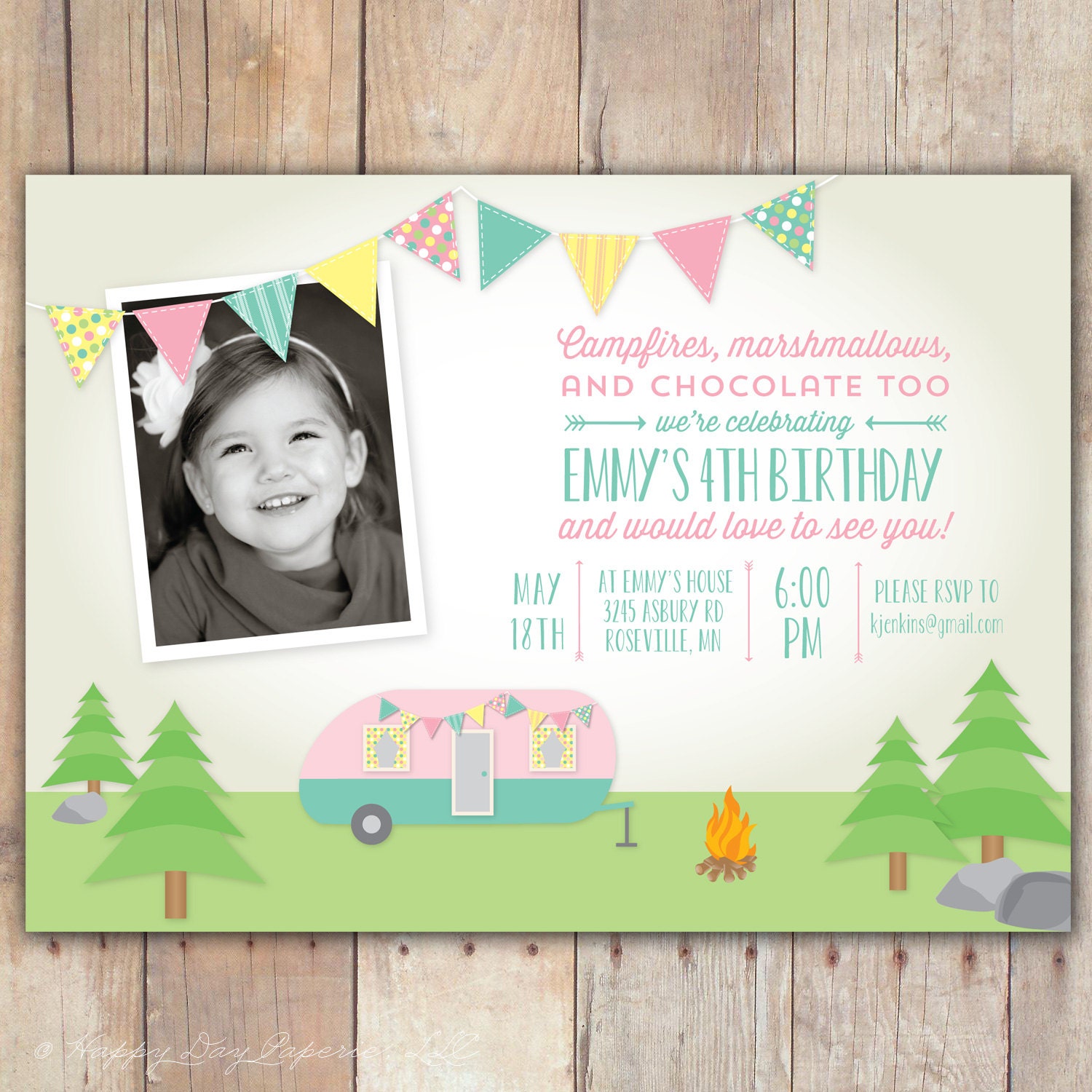 Retro Camping Trailer - Custom Photo Birthday Invitation for any age Girl Il_570xn