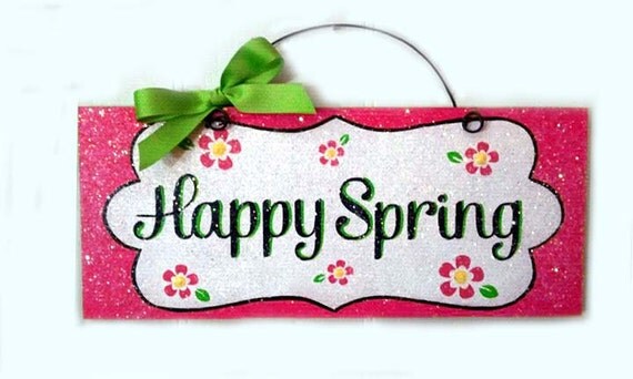 Sign with clear glitter Happy Spring. by DiamondDustDesigns
