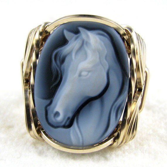 Horse Agate Cameo Ring 14K Rolled Gold Custom by cameojewelryart