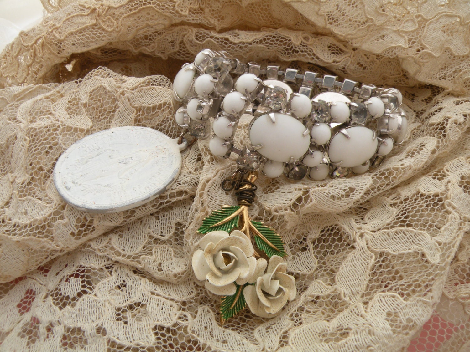 VIRGIN vintage assemblage bracelet religious wide white faith fall autumn fresh