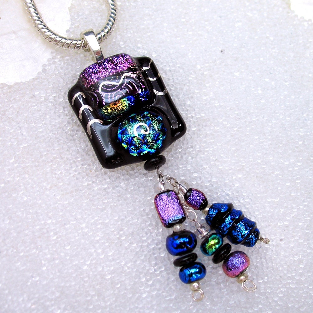 Dichroic Fused Glass Statement Pendant with Triple Drops in Lucious Jewel Tones