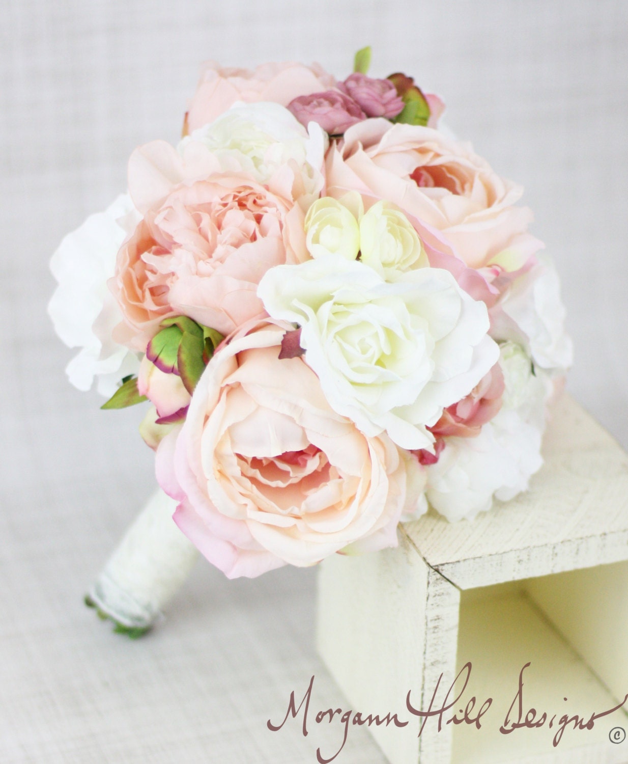 Silk Bride Bridesmaid Bouquet Peony Peonies Roses Ranunculus Daisies Country Wedding Lace (Item Number 130118) - braggingbags
