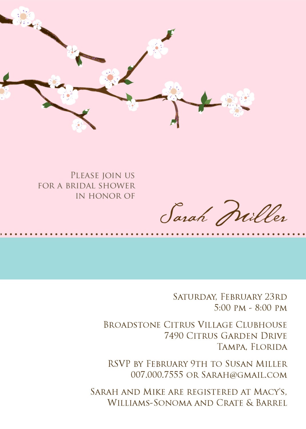 Bridal Shower Invitation Cherry Blossom in Blush & Tiffany Blue Il_570xn