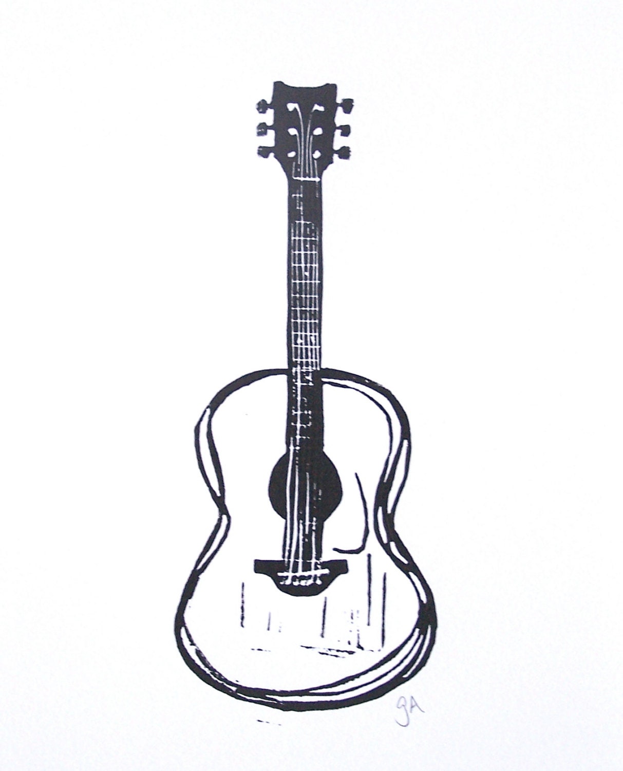 PRINT - Black acoustic guitar linocut print 8x10 Minimal letterpress poster - thebigharumph