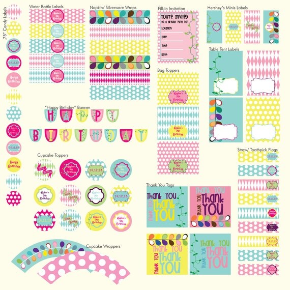 PRINTABLE PDF Super Birthday Party Package Tea Party/ Garden Party/ Girly/ Fairy/ Slumber Party Il_570xn