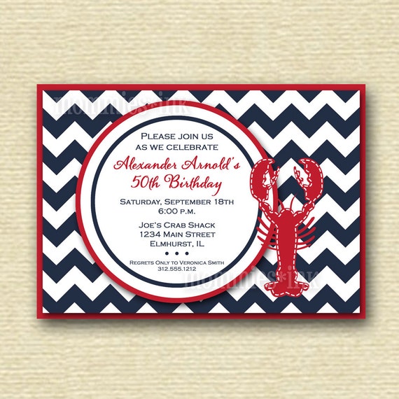 Preppy Chevron Lobster Birthday Party Invitation - Navy Blue and Red - PRINTABLE INVITATION DESIGN Il_570xn