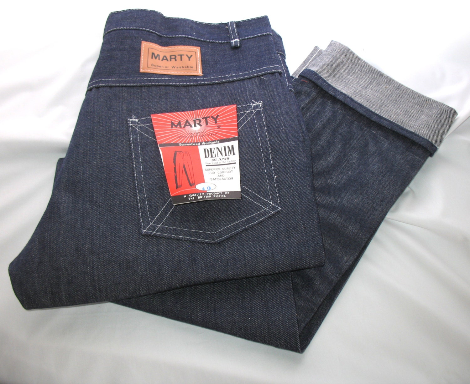 Vintage 1960s Mens Denim Jeans Rockabilly Turn Up Cuff Never Worn size 38 NOS Nwt - sewingmachinegirl