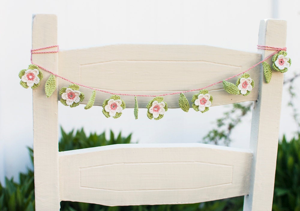 Bride and Groom Chair Decor - Crochet Garden Wedding Decor - White Green Coral Flowers - Set of Two - BobbiLewin