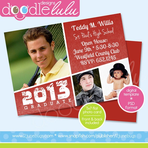 INSTANT DOWNLOAD Printable Graduation 2013 5x7 / Red & White / Digital Photo Card Template (Photoshop) PSD from Doodlelulu by 2 june bugs Il_570xn