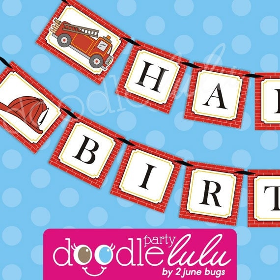 INSTANT DOWNLOAD DIY Printable Fire Truck Engine Fireman Happy Birthday Banner from Doodlelulu by 2 june bugs Il_570xn