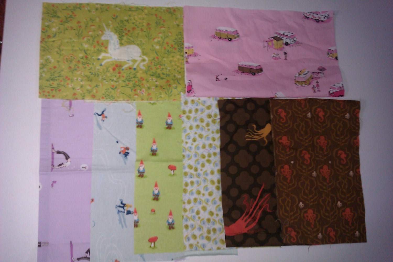 Heather Ross Fabric Destash , small pack , yoga , skater , gnome , unicorn , snails , vw bus , octopus