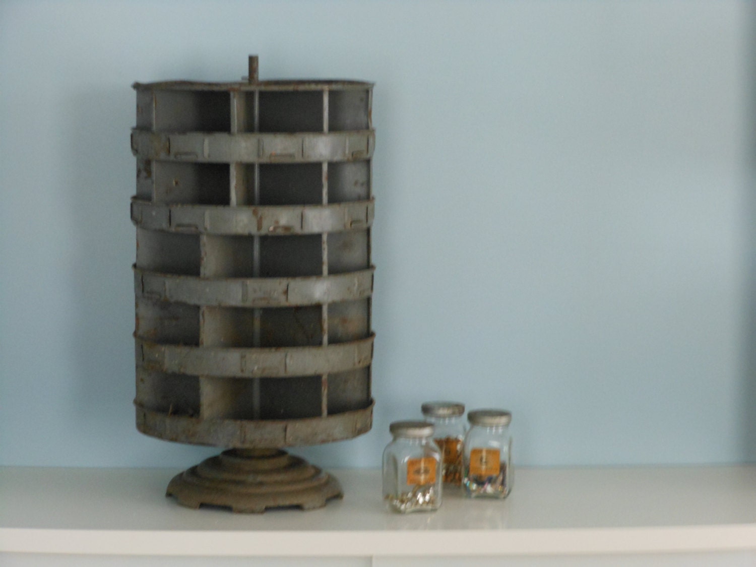 Vintage Industrial Revolving Metal Hardware Bin by plainandelegant