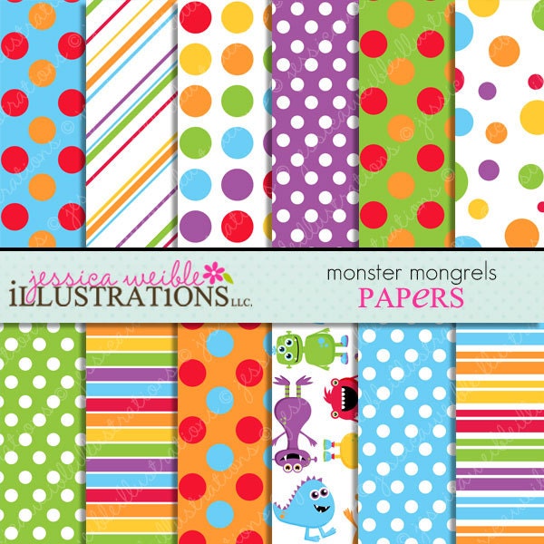 Monster Mongrels Cute Digital Papers Backgrounds for Invitations, Card Design, Scrapbooking, and Web Design Il_570xn