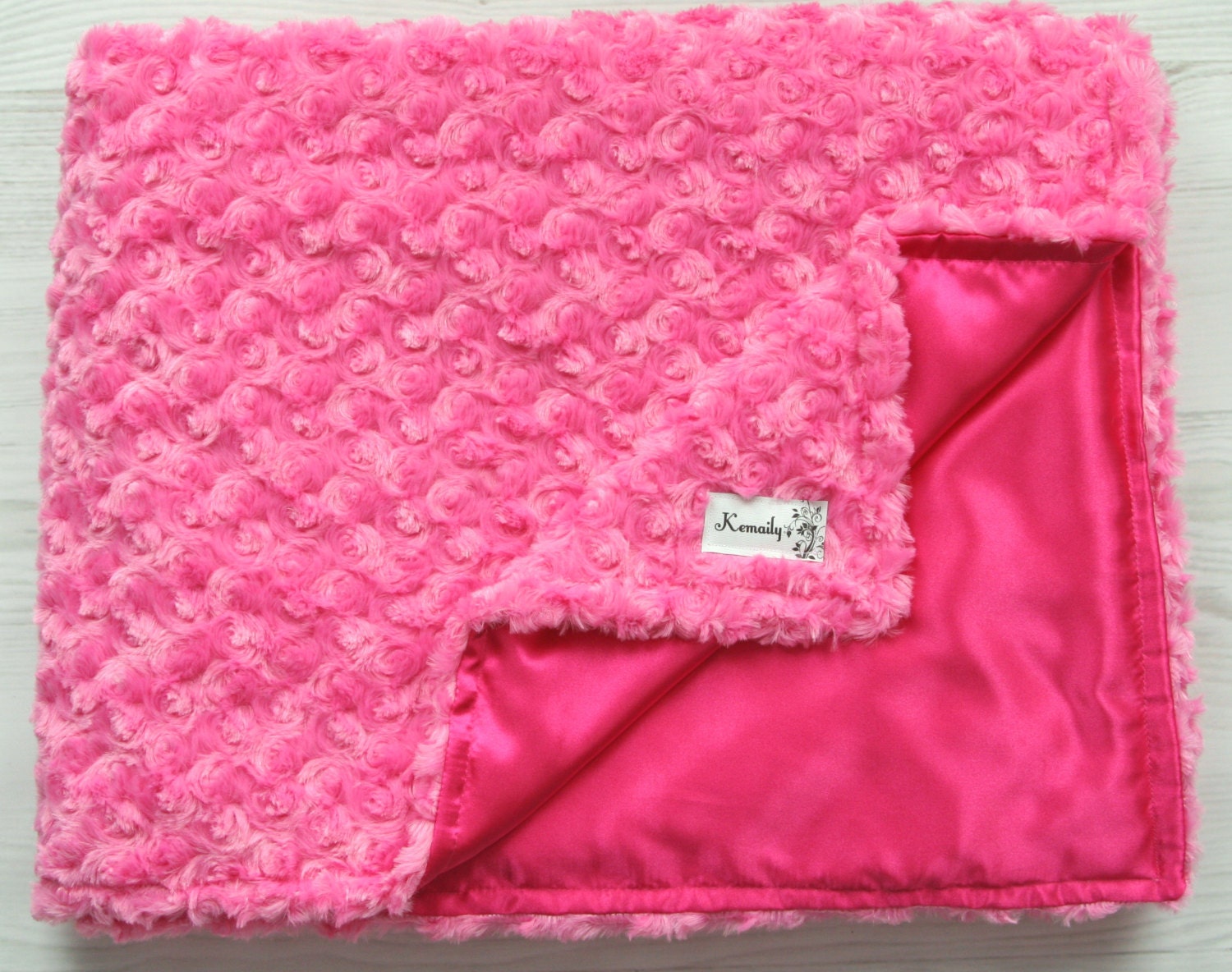 Items similar to Hot Pink Rosette Minky and Hot Pink Satin Throw