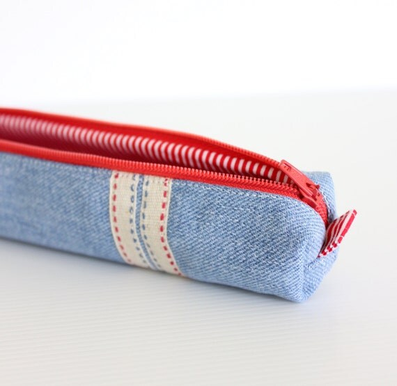 Recycled Jeans Pencil Case Blue and Red White by hennyseashell